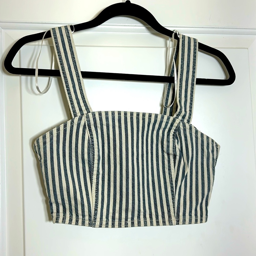 Zara Denim Striped Side Zipper Halter Top, Size XS- NWT